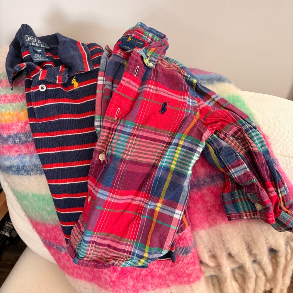 Two 2 Ralph Lauren Kids Plaid, Red and Blue Striped Oxford & Polo Shirts Bundle